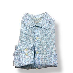 Peter Millar Mens L Linen Blend Button Down Shirt Cocktail Drink Print Blue Pink